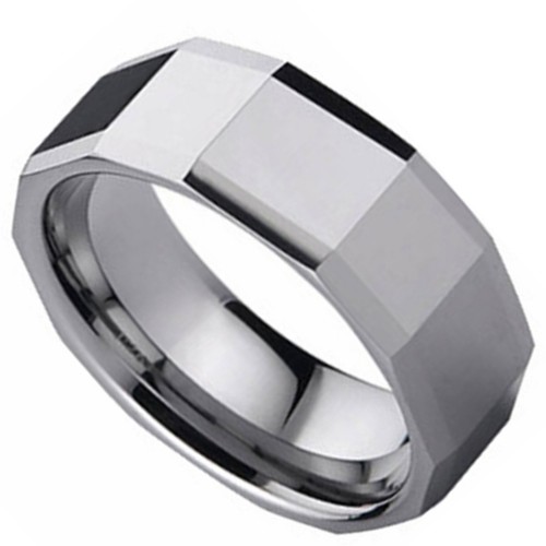 8MM Jewelry Silver Tungsten Carbide Rings Faceted Wedding Bands Mens Womens Personalized Carbon Fiber Comfort fits