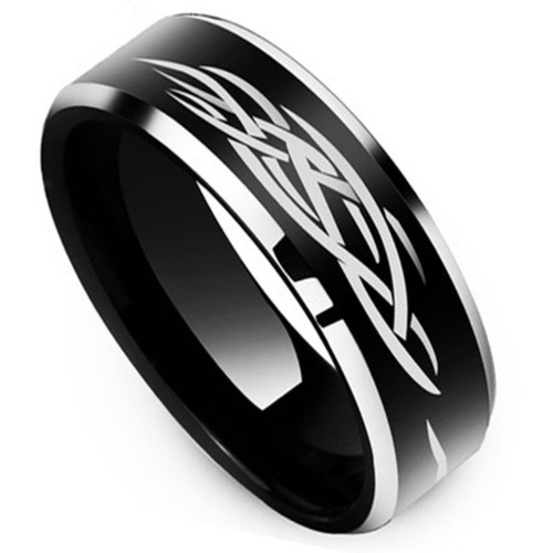 8MM Black Tungsten Carbide Rings for Mens Womens Flame Pattern Laser Engraved Carbon Fiber Couples Wedding Bands