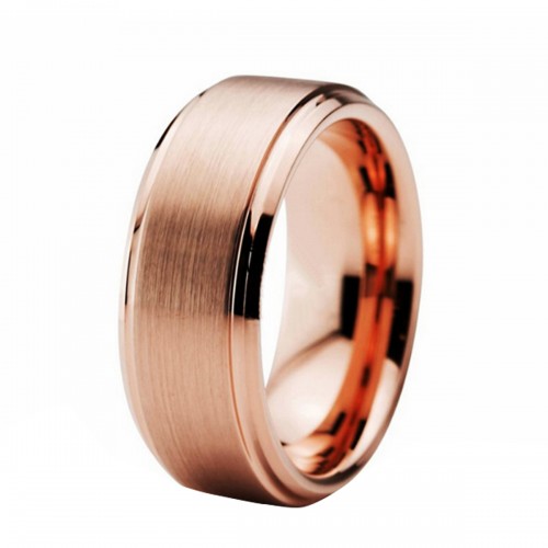 Mens Womens 8MM Rose Gold Tungsten Carbide Rings Couple Wedding Band Step Beveled Edge Personalized Carbon Fiber