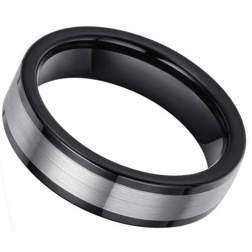 Mens Womens 6MM Black Tungsten Carbide Rings Polished Edges Satin Silver Center Comfort Fit Carbon Fiber Wedding Bands