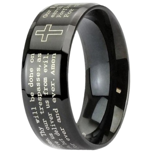 Tungsten Carbide Rings for Mens Womens 8MM Bible Lords Prayer Cross Scratch Prevention Black Carbon Fiber Couples Wedding Bands
