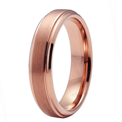 Mens Womens 5mm Tungsten Carbide Ring Rose Gold Plated Step Beveled Edge Carbon Fiber Couple Wedding Bands