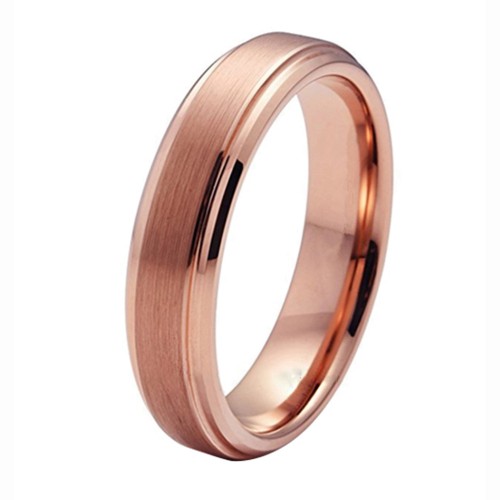 Mens Womens 5mm Tungsten Carbide Ring Rose Gold Plated Step Beveled Edge Carbon Fiber Couple Wedding Bands