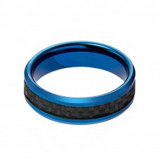 Mens Womens 6MM Blue Tungsten Carbide Rings Black Carbon Fiber Inlay Polished With Beveled Edge Couple Wedding Bands