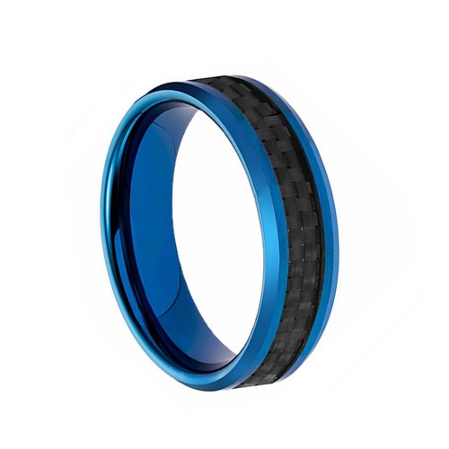 Mens Womens 6MM Blue Tungsten Carbide Rings Black Carbon Fiber Inlay Polished With Beveled Edge Couple Wedding Bands