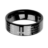 Spainish Bible Lords Prayer Cross Scratch Prevention Black Tungsten Carbide Rings for Mens Womens Wedding Bands Carbon Fiber