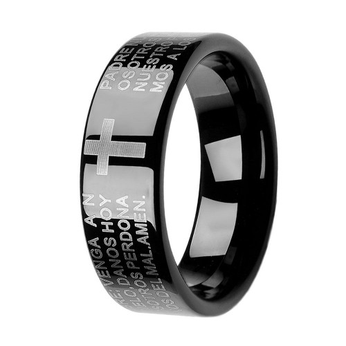 Spainish Bible Lords Prayer Cross Scratch Prevention Black Tungsten Carbide Rings for Mens Womens Wedding Bands Carbon Fiber