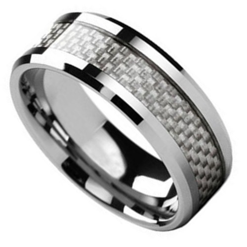 8MM Inlaid White Carbon Fiber Tungsten Carbide Rings Beveled Edge Personalized Couples Wedding Bands Comfort fits
