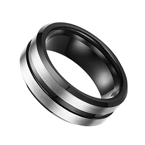 Silver Brushed Beveled Edges Black Tungsten Grooved Ring Wedding Bands  Mens Womens Carbon Fiber Couples Comfort fits