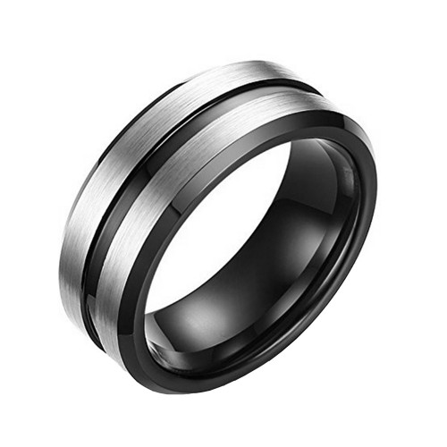 Silver Brushed Beveled Edges Black Tungsten Grooved Ring Wedding Bands  Mens Womens Carbon Fiber Couples Comfort fits