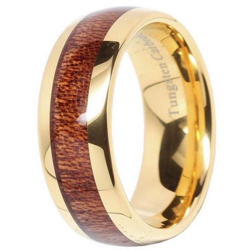 8mm Mens Domed Tungsten Ring Wood Inlay 14k Gold Plated Wedding Bands Personalized Carbon Fiber Carbide Rings