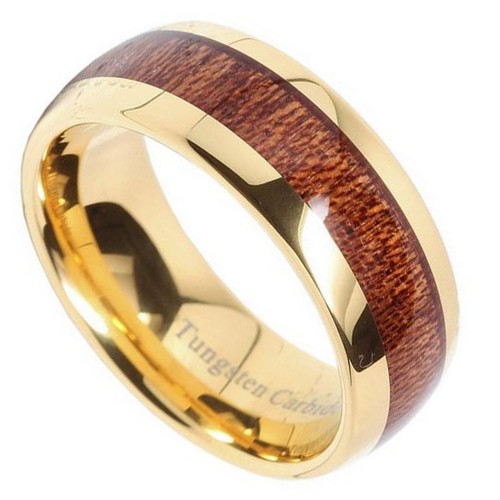 8mm Mens Domed Tungsten Ring Wood Inlay 14k Gold Plated Wedding Bands Personalized Carbon Fiber Carbide Rings