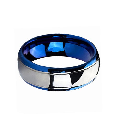 Couples Wedding Bands Carbon Fiber Unisex Blue and Silver Dome Gunmetal  Mens Womens Tungsten Carbide Rings