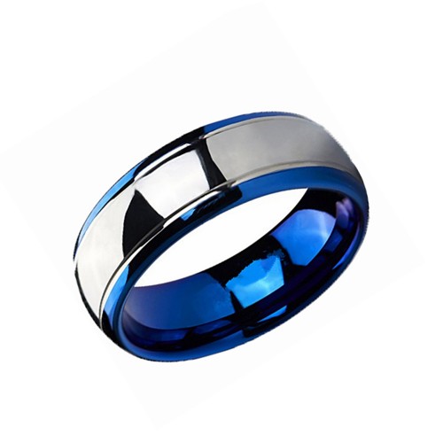 Couples Wedding Bands Carbon Fiber Unisex Blue and Silver Dome Gunmetal  Mens Womens Tungsten Carbide Rings