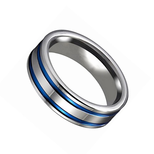 Two Grooves Plated Blue Glossy Mens Womens Silver Tungsten carbide Matching Rings Wedding Bands Couple Carbon Fiber