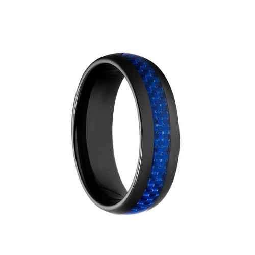 Blue Carbon Fiber Inlay 8mm Black Plated Tungsten Carbide Rings Mens Wedding Bands Engraved