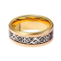 8mm Carbon Fiber Silver Celtic Dragon Inlay Gold Plated Beveled Edge Tungsten Carbide Rings for Mens Womens Wedding Bands