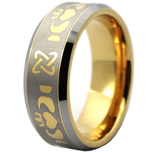 8MM Mens Gold Laser Pattern Tungsten Carbide Polished Beveled Edge Wedding Bands Men Personalized Carbon Fiber 