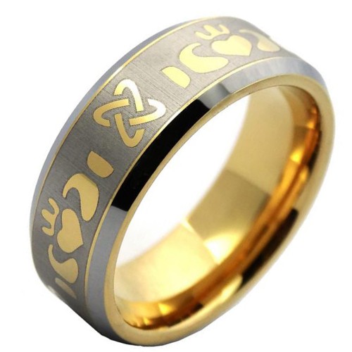8MM Mens Gold Laser Pattern Tungsten Carbide Polished Beveled Edge Wedding Bands Men Personalized Carbon Fiber 