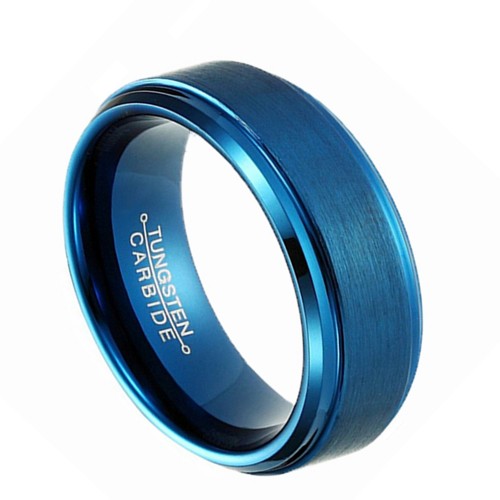 Tungsten Carbide Rings for Mens Womens Blue Plated Step Edge Brushed Surface 8mm Carbon Fiber Couples Wedding Bands Comfort fits