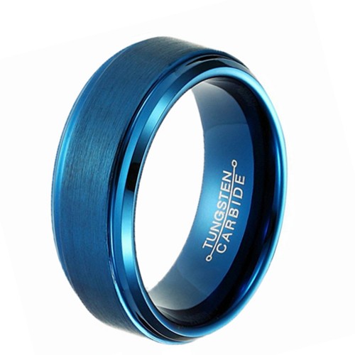 Tungsten Carbide Rings for Mens Womens Blue Plated Step Edge Brushed Surface 8mm Carbon Fiber Couples Wedding Bands Comfort fits