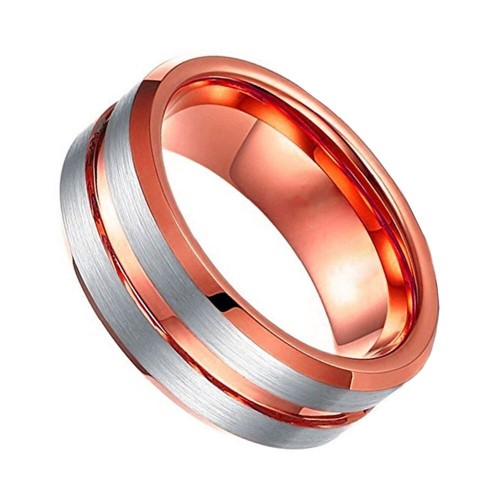 Rose Gold Grooved Womens Tungsten Ring Wedding Bands Carbide Silver Brushed Surface Engraved Carbon Fiber Band set