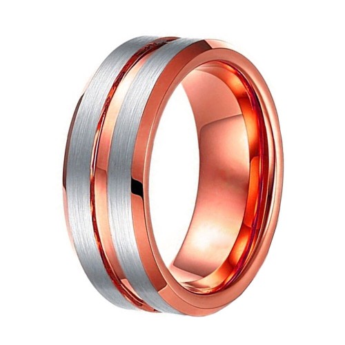 Rose Gold Grooved Womens Tungsten Ring Wedding Bands Carbide Silver Brushed Surface Engraved Carbon Fiber Band set