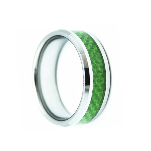 8mm Green Carbon Fiber Inlay Mens Womens Tungsten Carbide Rings Polished Beveled Edge Personalized Carbon Fiber