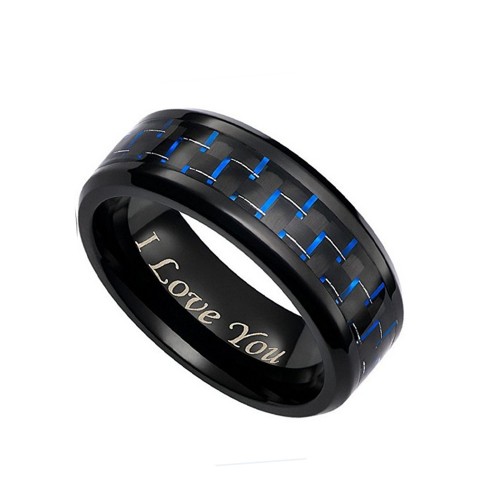 8mm I LOVE YOU Blue Black Carbon Fiber Mens Tungsten Ring Polished Beveled Edge Customized Engraving