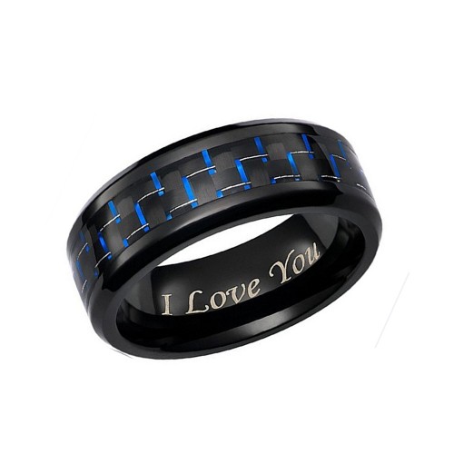 8mm I LOVE YOU Blue Black Carbon Fiber Mens Tungsten Ring Polished Beveled Edge Customized Engraving