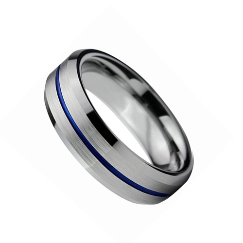 Mens Womens 6mm Silver Brushed Tungsten carbide Rings Blue Grooved Couple Wedding Bands Carbon Fiber