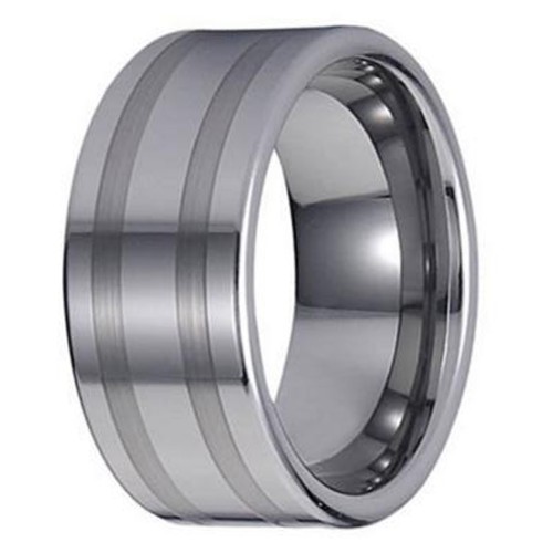 8MM Silver Two Striped Brushed Mens Flat Tungsten Carbide Rings Couple Wedding Bands Carbon Fiber Comfort fits