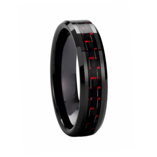 6MM Red Black Carbon Fiber Couples Polished Beveled Edge Mens Womens Tungsten carbide Ring Couple Wedding Bands