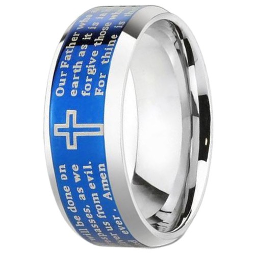 Blue Tungsten Carbide Rings Lords Prayer Brushed Finished Beveled Edge Carbon Fiber Wedding Bands Carbon Fiber Couple