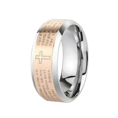 Lords Prayer Brushed Finished Rose Gold Beveled Tungsten carbide Matching Rings Couple Wedding Bands Carbon Fiber Comfort fit