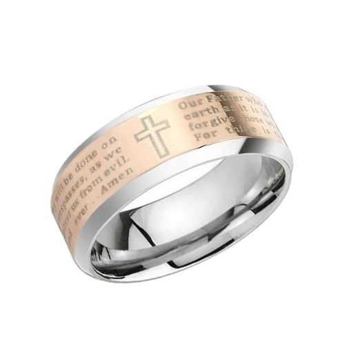 Lords Prayer Brushed Finished Rose Gold Beveled Tungsten carbide Matching Rings Couple Wedding Bands Carbon Fiber Comfort fit