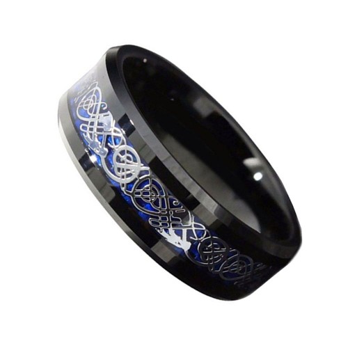 Mens Womens 8MM Black Tungsten Carbide Rings Inlay Blue Carbon Fiber Dragon Pattern Wedding Bands Couple Unisex