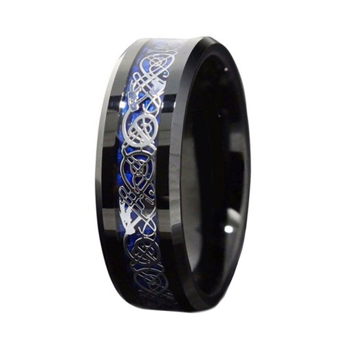 Mens Womens 8MM Black Tungsten Carbide Rings Inlay Blue Carbon Fiber Dragon Pattern Wedding Bands Couple Unisex