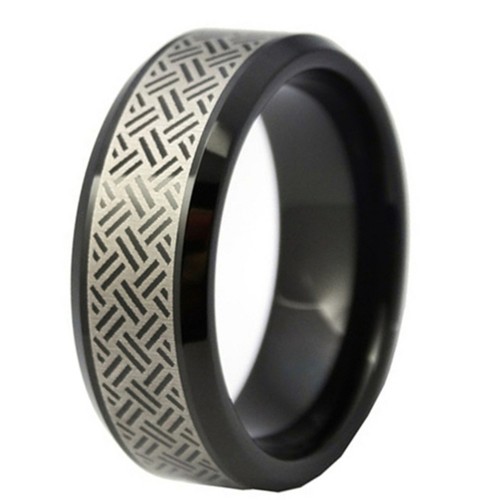 8MM Black Celtic Tungsten Rings Mens Womens Beveled Edge Engraved Carbon Fiber Couple Wedding Bands