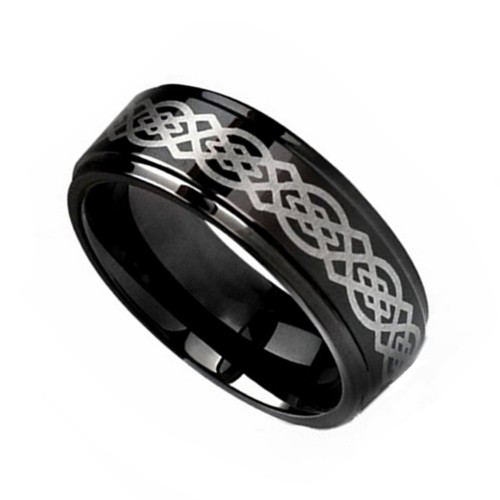 8MM Mens Womens Black Tungsten Carbide Celtic Rings Polished Step Edges Personalized Couples Wedding Bands Carbon Fiber