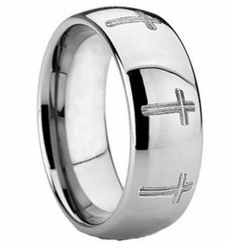 Mens Womens 8MM Silver Cross Religion Rings Dome Tungsten Wedding Bands Personalized Carbide Rings Carbon Fiber