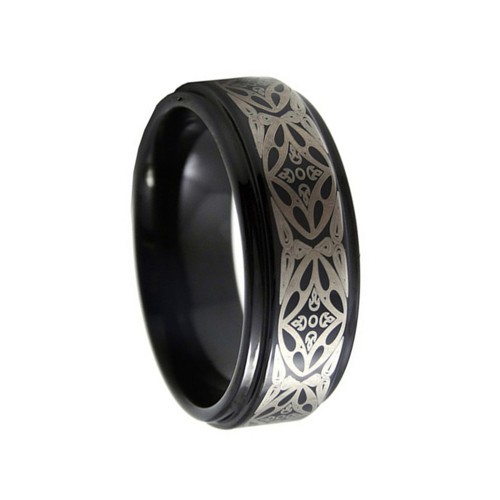 8MM Mens Black Tungsten Carbide Rings Laser Patern Polished Step Edges Personalized Carbon Fiber Wedding Bands Men
