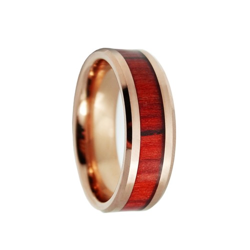 8MM Mens Rose Gold Tungsten Rings Wood Inlay Polished Beveled Edge Carbide Rings Personalized Carbon Fiber