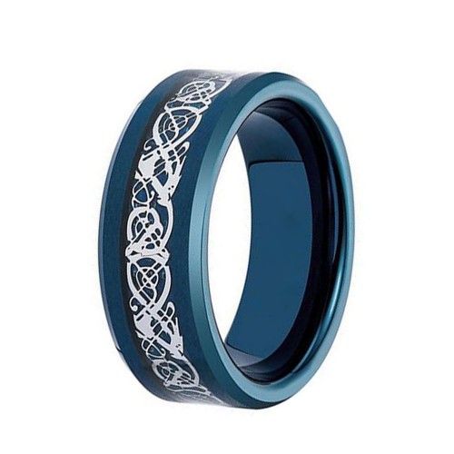 Tungsten Carbide Rings 8MM Blue Couples Wedding Bands Carbon Fiber With Dragon Design Comfort fits