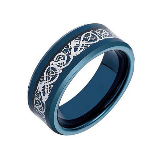 Tungsten Carbide Rings 8MM Blue Couples Wedding Bands Carbon Fiber With Dragon Design Comfort fits