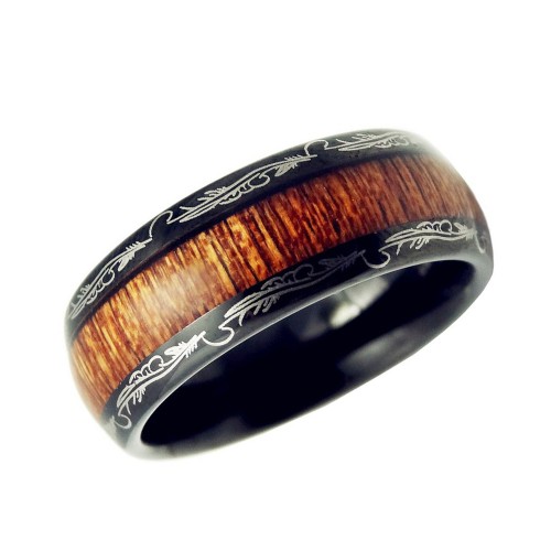 8MM Mens Womens Black Laser Polished Edge Tungsten Ring Wood Inlay Couples Wedding Bands Personalized Carbon Fiber