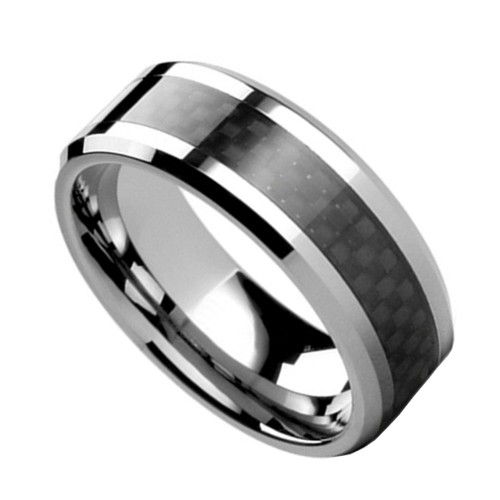 8MM Mens Tungsten Ring Black Carbon Fiber Inlay Silver Beveled Edge Personalized Carbide Wedding Bands