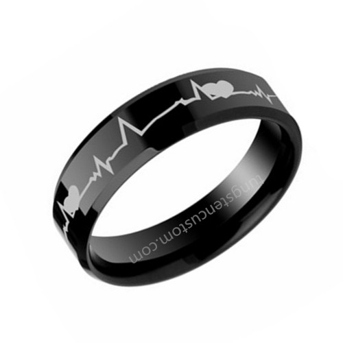 Black Tungsten Rings Heartbeats Of Love Couple Wedding Bands Mens Womens Carbon Fiber Engraved