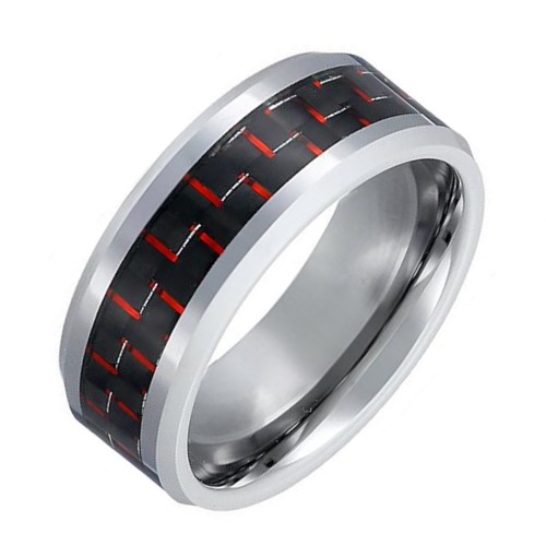 8MM Mens Womens Engagement Tungsten carbide Matching Rings Black And Red Carbon Fiber Inlay Silver Beveled Edge Couple