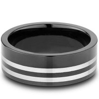 8MM Mens Plated Black Tungsten Ring Silver Stripes Carbide Wedding Bands Carbon Fiber Personalized